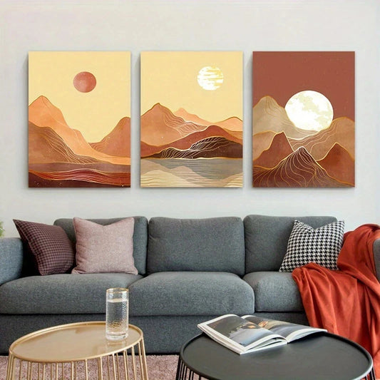 3pcs Moon and Sun Sunset Mountains Metal Print Ready to Hang Art