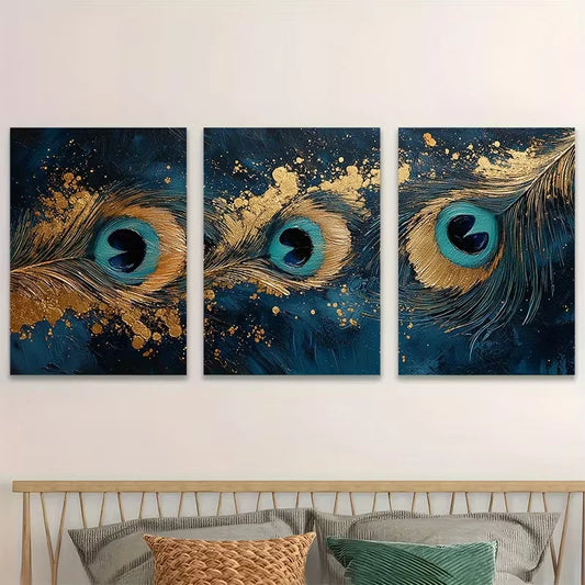 3pcs Vibrant Peacock Feather Abstract Art Wall Art Set Canvas Framed 60x90cm - High Quality Print 100% Australian Made Wall Canvas Ready to Hang