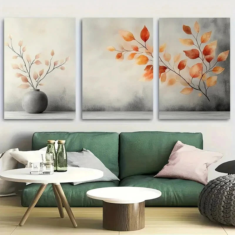 3pcs Delicate Autumn Branch with Watercolor Leaves Metal Print Ready to Hang Art