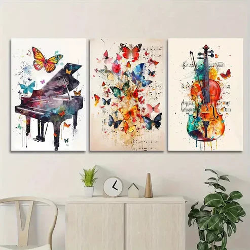 3pcs Butterfly Wings Piano Violin Canvas Framed 60x90cm - High Quality Print 100% Australian Made Wall Canvas Ready to Hang