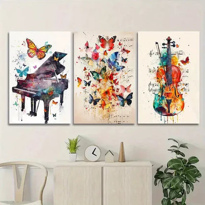 3pcs Butterfly Wings Piano Violin Canvas Framed 60x90cm - High Quality Print 100% Australian Made Wall Canvas Ready to Hang