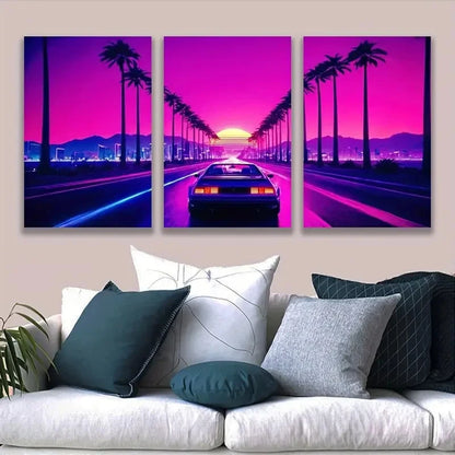 3pcs Retro Neon Sunset Drive Car Wall Art Set Canvas Framed 60x90cm - High Quality Print 100% Australian Made Wall Canvas Ready to Hang