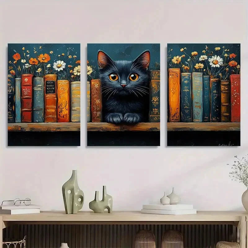3pcs Vibrant Black Cat Bookshelf Design Metal Print Ready to Hang Art
