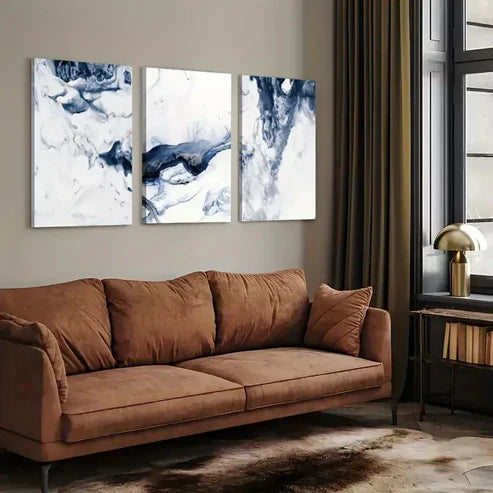 3pcs avy Blue Abstract Ocean Waves Canvas Framed 60x90 cm - High Quality Print 100% Australian Made Wall Canvas Ready to Hang