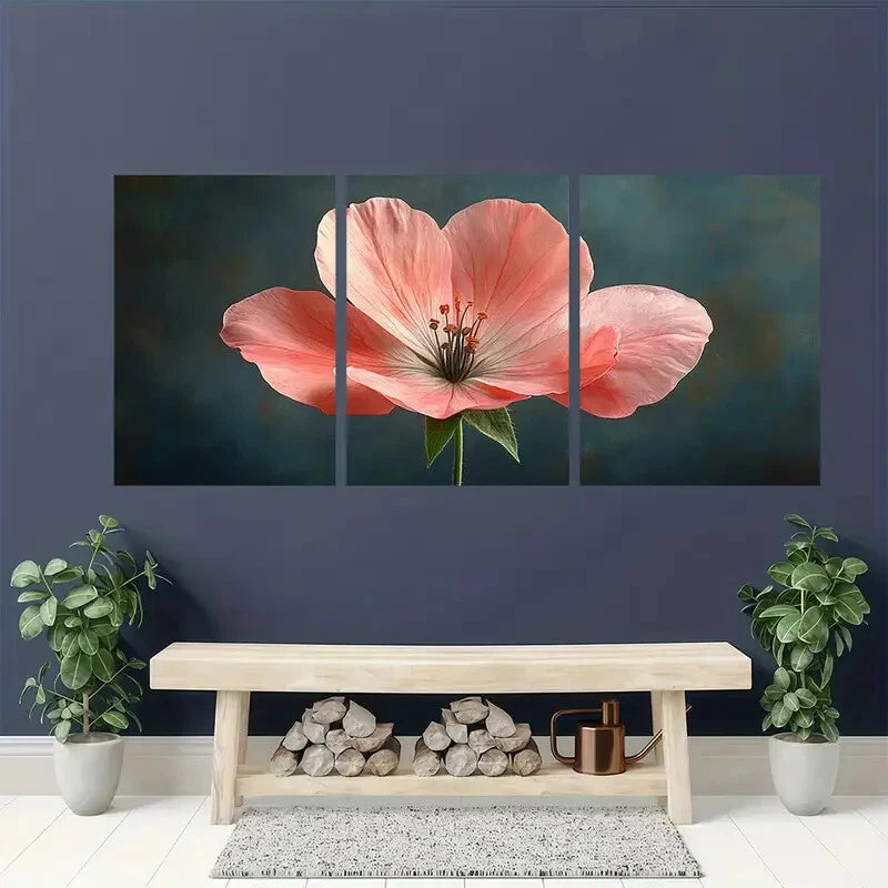3pcs Vibrant Pink Geraniums on Dark Background Metal Print Ready to Hang Art