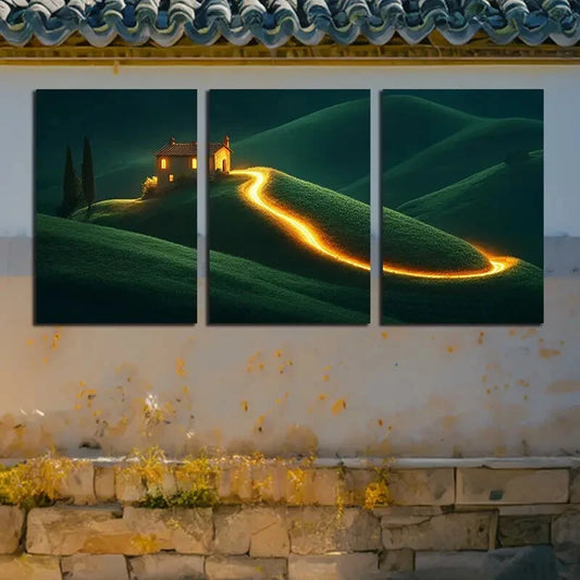 3pcs Landscape with Illuminated Path to Cottage Metal Print Ready to Hang Art