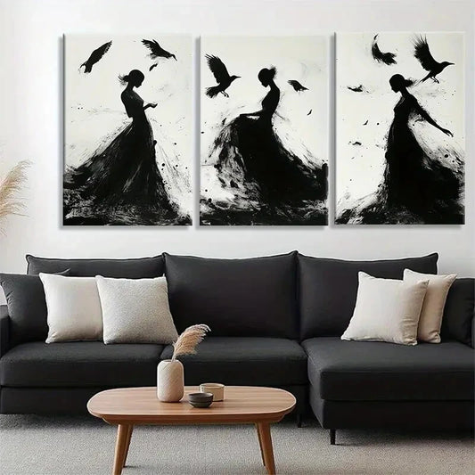 3pcs Elegant Black and White Abstract Dance Metal Print Ready to Hang Art