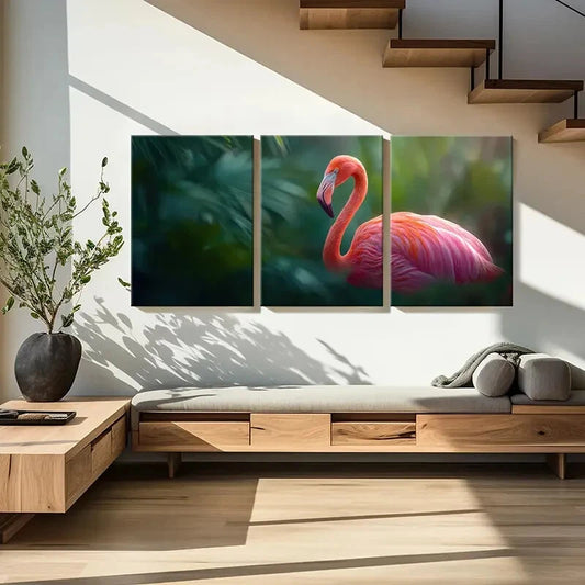 3pcs Flamingo Illustration Tropical Jungle Scene Metal Print Ready to Hang Art