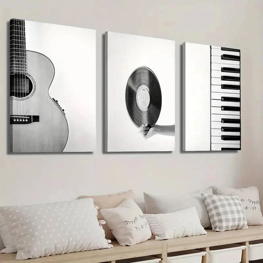 3pcs Black and White Guitar Vinyl Record & Piano Wall Art Set Canvas Framed 50x70cm - High Quality Print 100% Australian Made Wall Canvas Ready to Hang