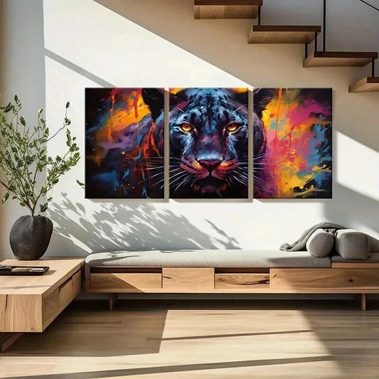 3pcs Black Panther Leopard Retro Watercolor Wall Art Set Canvas Framed 40x60cm - High Quality Print 100% Australian Made Wall Canvas Ready to Hang