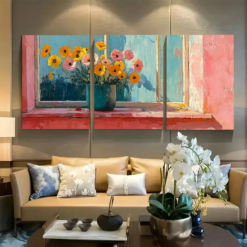 3pcs Floral in Vase close to Window Design Metal Print Ready to Hang Art