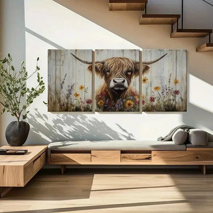 3pcs Highland Cattle Floral Garden Farmhouse Metal Print Ready to Hang Art