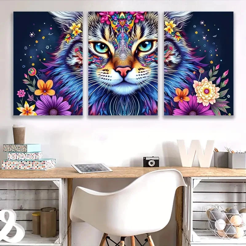 3pcs Colorful Cat with Floral & Starry Design I Wall Art Set Canvas Framed 40x60cm - High Quality Print 100% Australian Made Wall Canvas Ready to Hang