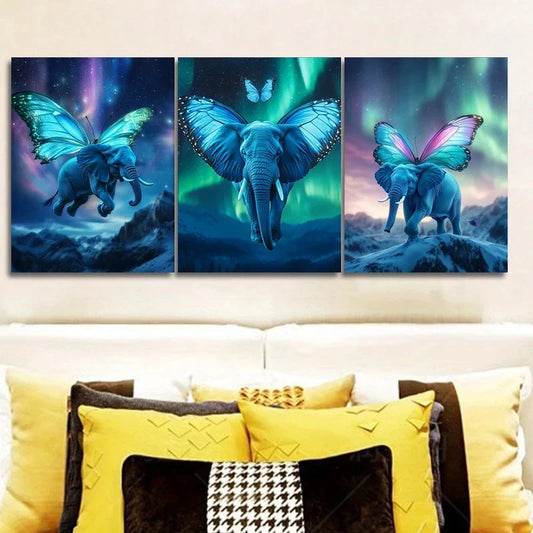 3pcs Featuring Elephants with Butterfly Metal Print Ready to Hang Art