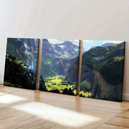 3pcs Fantasy Otherworld Art Dragons Valley Wall Art Set Canvas Framed 40x60cm - High Quality Print 100% Australian Made Wall Canvas Ready to Hang