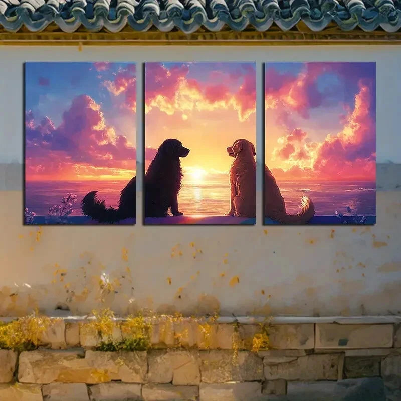3pcs Two Dogs Sit on The Edge of Rainbow Bridge Metal Print Ready to Hang Art