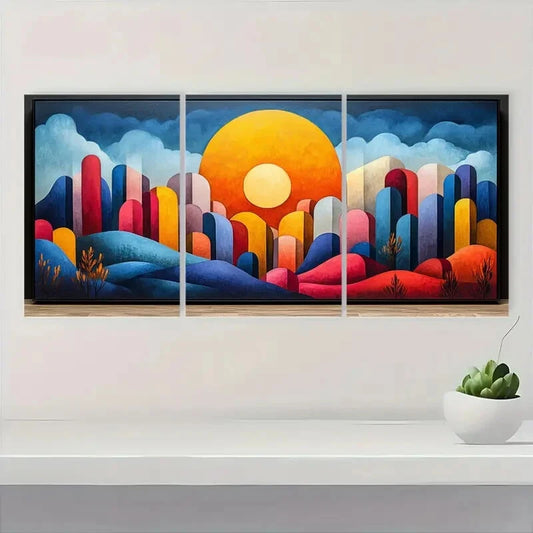 3pcs Abstract Color Block with Black Frames Metal Print Ready to Hang Art