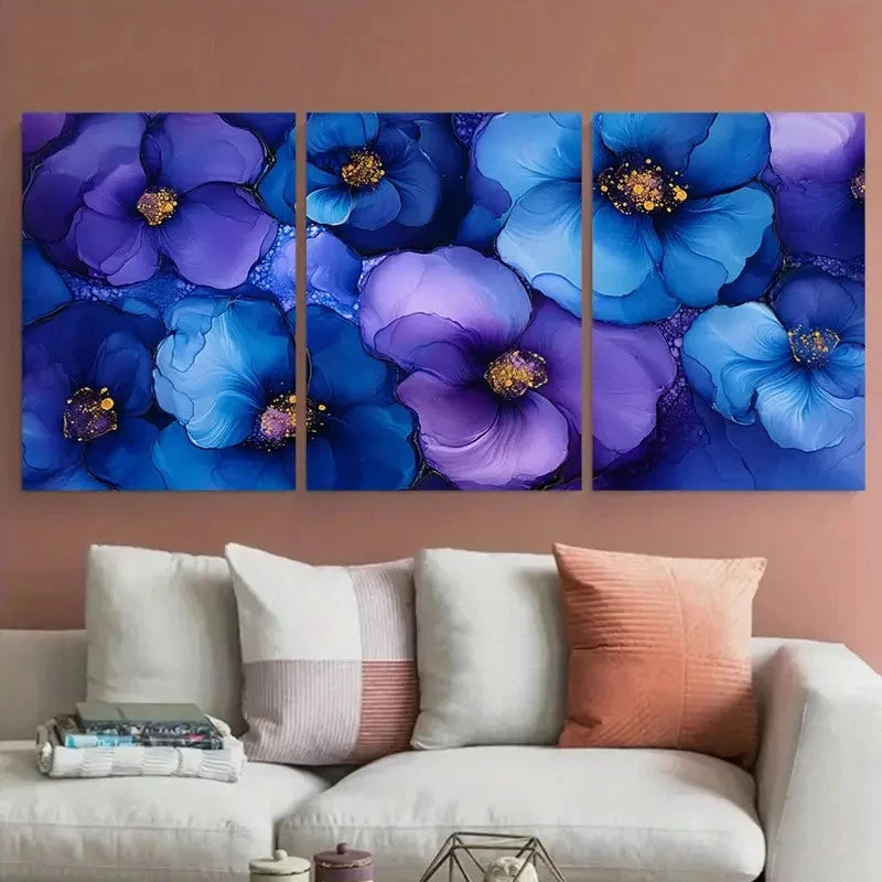 3pcs Vibrant Floral in Abstract Blue and Purple Metal Print Ready to Hang Art