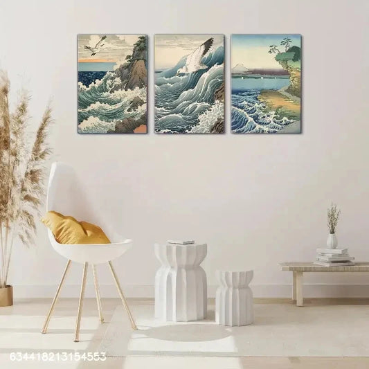 3pcs Sea Waves Decorative Poster Seagulls Seaside Metal Print Ready to Hang Art