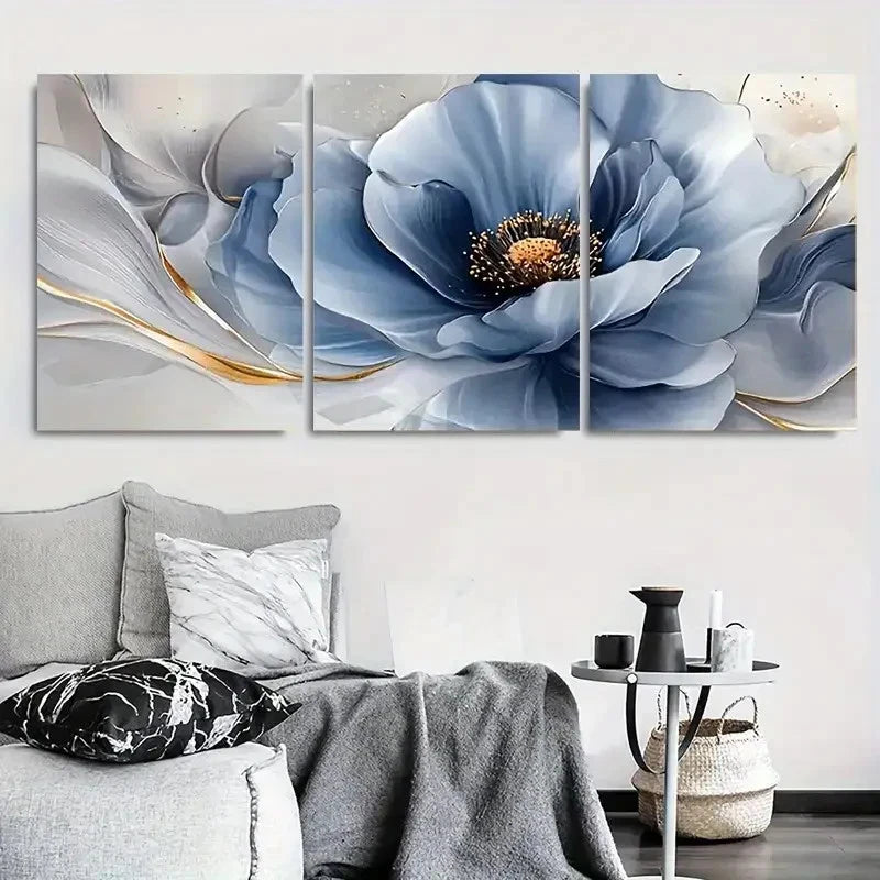 3pcs Golden Accents Blue Poppy Floral Metal Print Ready to Hang Art