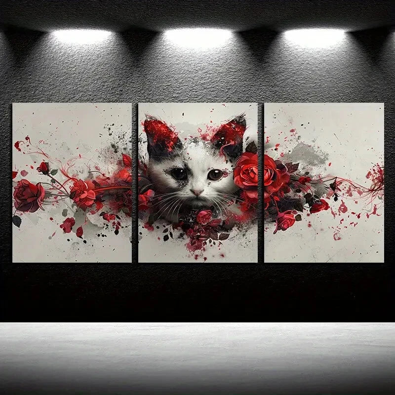 3pcs Vibrant Cat Portrait with Red Florals Metal Print Ready to Hang Art