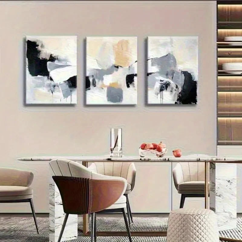 3pcs Abstract Geometric White and Golden Brush Metal Print Ready to Hang Art