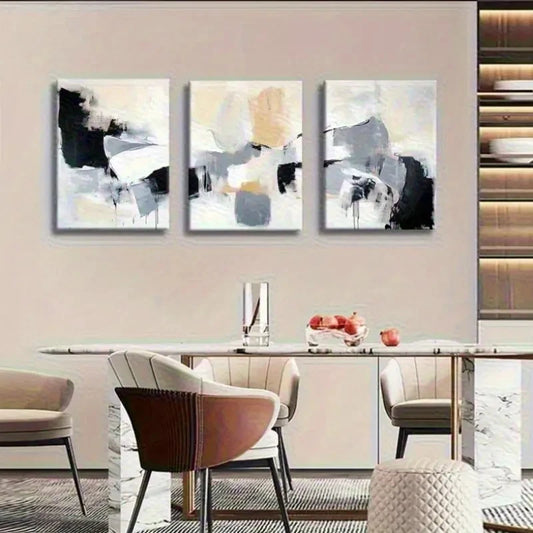 3pcs Abstract Geometric White and Golden Brush Metal Print Ready to Hang Art