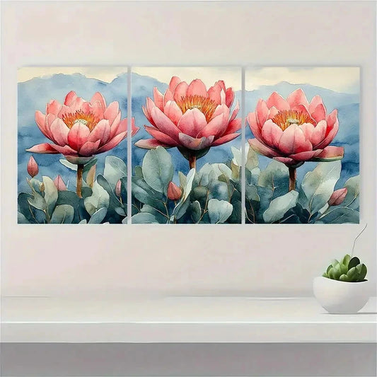 3pcs Pink Proteas on Soft Blue-Green Background Metal Print Ready to Hang Art
