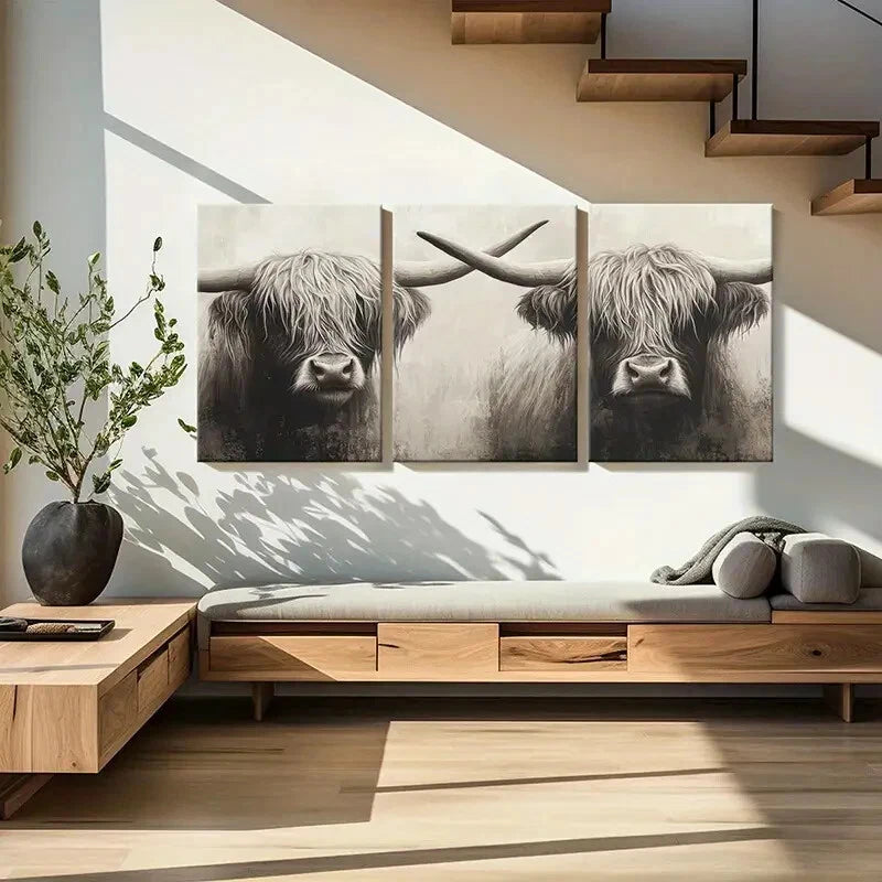 3pcs Highland Cattle Wildlife Painting Art Metal Print Ready to Hang Art