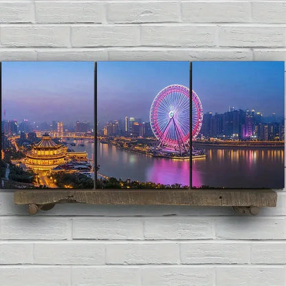 3pcs Cityscape Ferris Wheel Watercolor Style Metal Print Ready to Hang Art