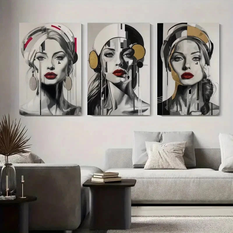 3pcs Elegant Women with Bold Red Lips Metal Print Ready to Hang Art