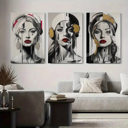 3pcs Elegant Women with Bold Red Lips Metal Print Ready to Hang Art