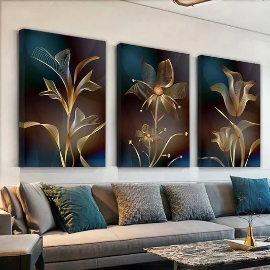 3pcs Vintage Wall Art Abstract Golden Flower Canvas Framed 40x60cm - High Quality Print 100% Australian Made Wall Canvas Ready to Hang