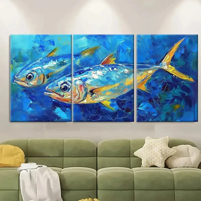 3pcs Sardine Painting Fish Artwork RT Wall Art Set Canvas Framed 60x90cm - High Quality Print 100% Australian Made Wall Canvas Ready to Hang