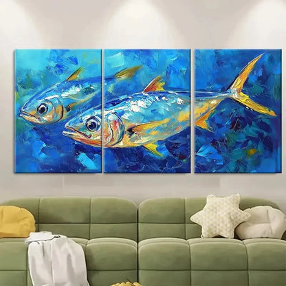 3pcs Sardine Painting Fish Artwork RT Wall Art Set Canvas Framed 60x90cm - High Quality Print 100% Australian Made Wall Canvas Ready to Hang