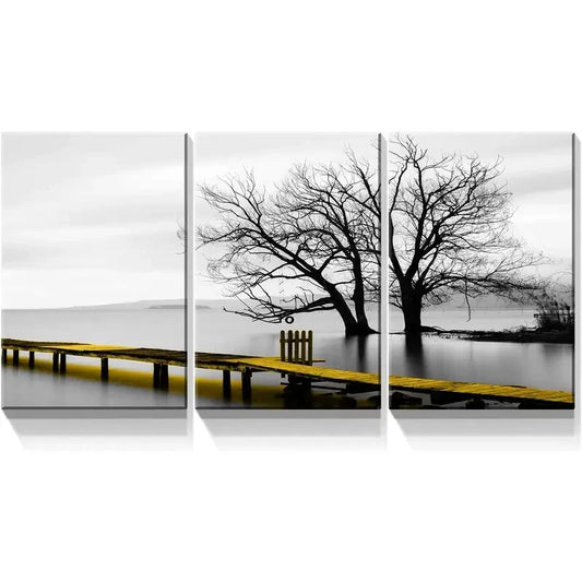 3pcs Black and White Tree & Golden Bridge Metal Print Ready to Hang Art