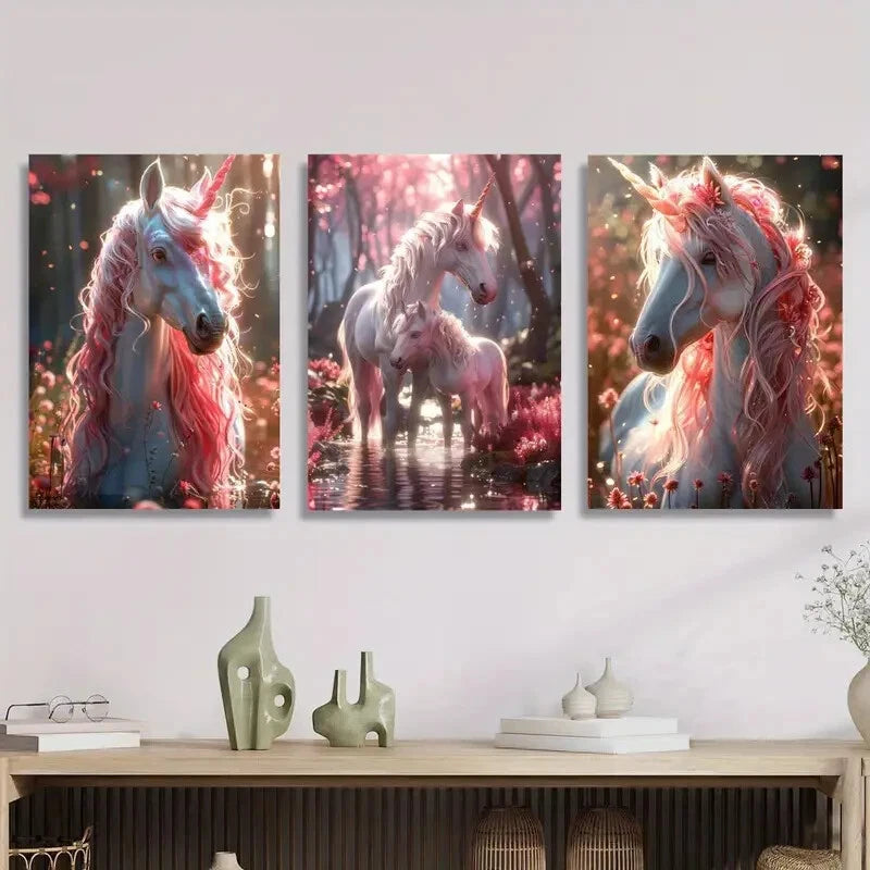 3pcs Pink hair unicorn fantasy illustration Metal Print Ready to Hang Art