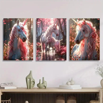 3pcs Pink hair unicorn fantasy illustration Metal Print Ready to Hang Art