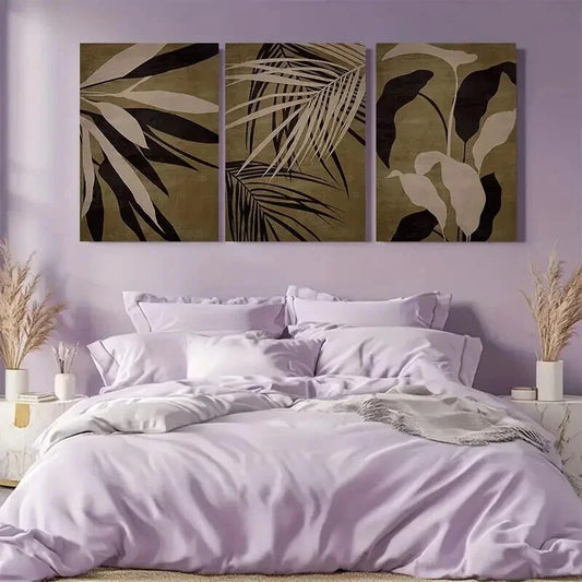 3pcs  Abstract Brown Tropical Leaf Print Wall Art Set Canvas Framed 40x60cm - High Quality Print 100% Australian Made Wall Canvas Ready to Hang