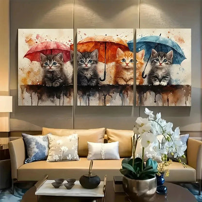 3pcs Whimsical Kittens with Umbrella Funny Metal Print Ready to Hang Art