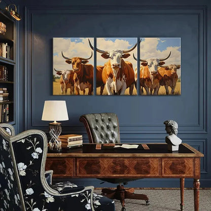 3pcs Longhorn Cattle Landscape Rustic Farmhouse Metal Print Ready to Hang Art