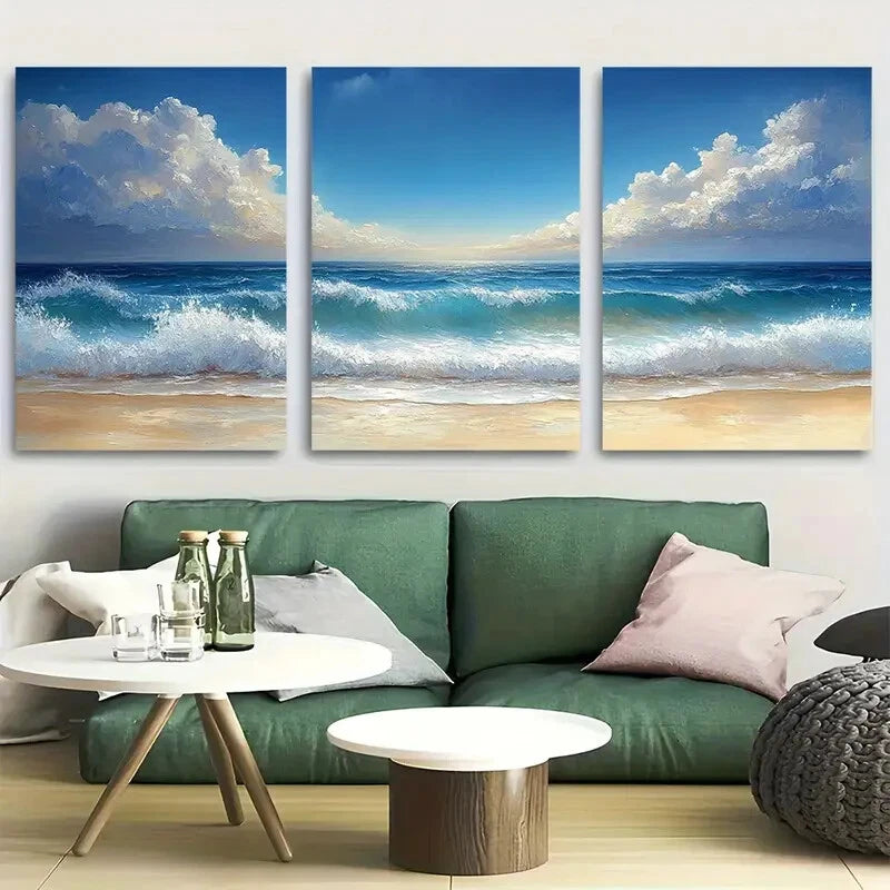3pcs Beautiful Beach Calm Ocean Waves Metal Print Ready to Hang Art
