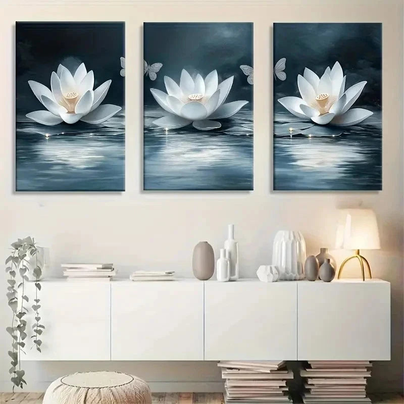3pcs Featuring White for Lotus and Butterflies Metal Print Ready to Hang Art