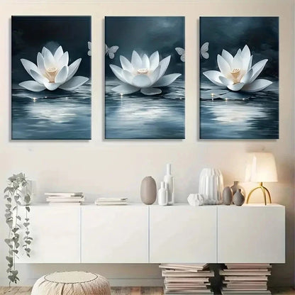 3pcs Featuring White for Lotus and Butterflies Metal Print Ready to Hang Art