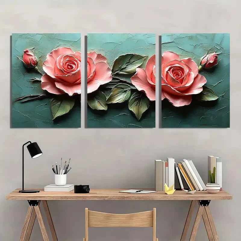 3pcs Pink Roses Elegant Floral Metal Print Ready to Hang Art