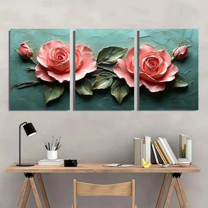 3pcs Pink Roses Elegant Floral Metal Print Ready to Hang Art