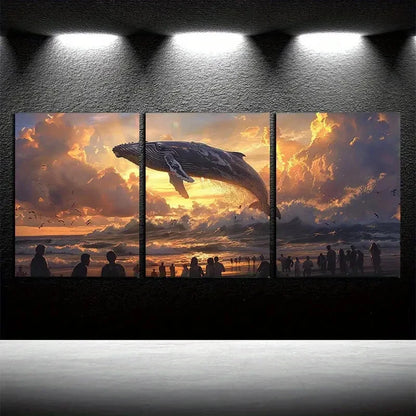 3pcs Massive Whale Surging Sea Illustration Metal Print Ready to Hang Art