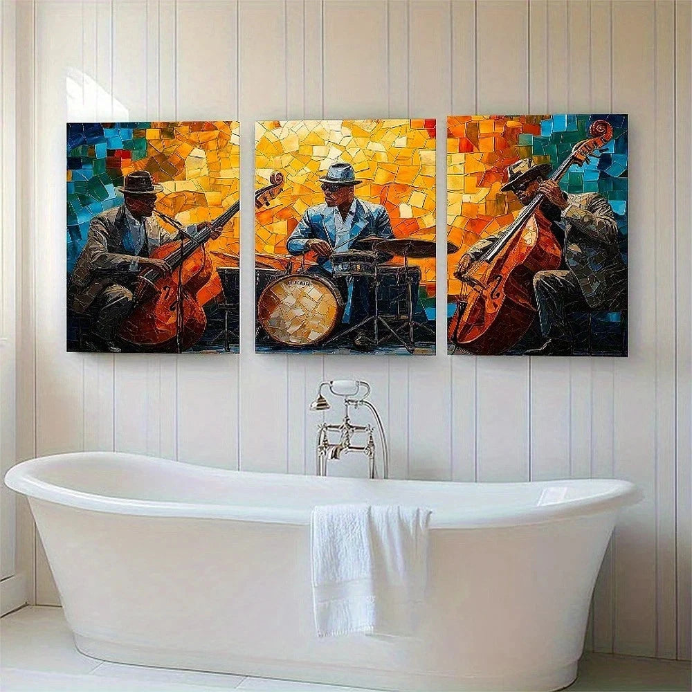 Three colorful paintings of musicians on a wall above a white freestanding bathtub.
