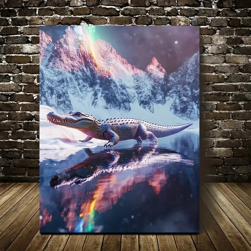 Crocodile Running Happily On a Snowy Mountain Painting 40x60cm Metal Print Ready to Hang