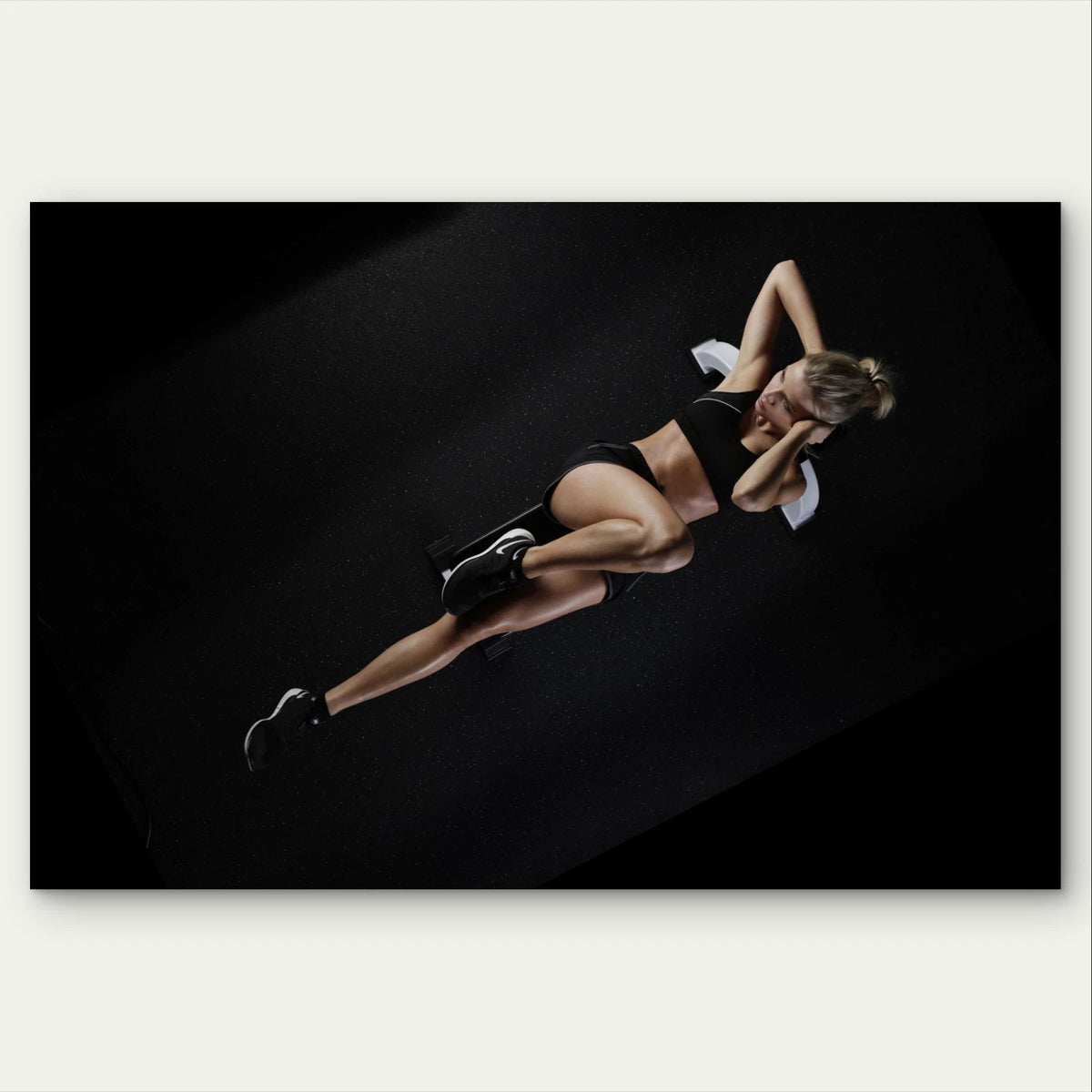 Woman Doing Core Crunches on a Bench 5mm Plastic Poster Ready to Hang 90x60cm